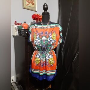 Just Ginger Women's Dashiki Multicolor Gathered Waist Blouse Top Size Small